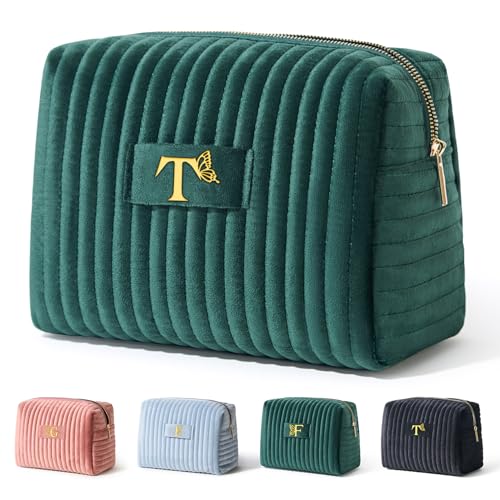 Image of COSHAYSOO Travel Makeup Bag Quilted Make Up Pouch Initial Velvet Cosmetic Case with Butterfly Decorations for Womens Fashion Trending Birthday Easter Valentines Gifts Ideas Unique Green Letter T