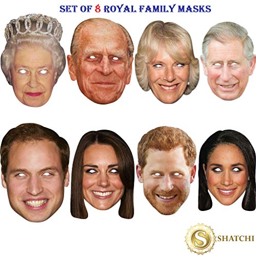 Shatchi 8 stuks Royal Family gezichtsmaskers Queen Phillip Kate William Harry Charles Camilla Meghan bruiloft jubilee party supplies prominente gezichtsmasker vrijgezellenfeest party