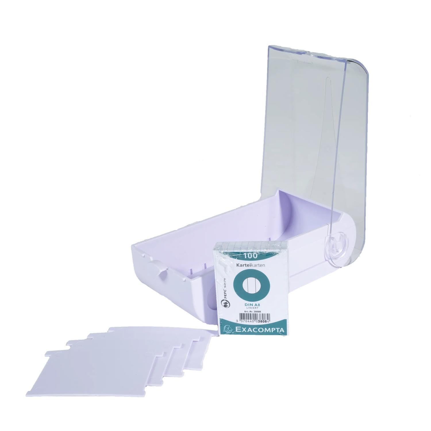 Exacompta - Kartonbox mit 100 Blanko-Karten A8 und 4 Trennblättern - Kapazität bis zu 650 Karten im A8-Format - Pastellfarben sortiert - Originelle BunnyBox-Form mit Schiebedeckel