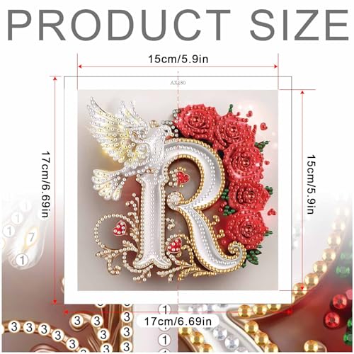 Image of AiYuanzsh 5D Diamond Art Kits for Adults Letter R, Radiant Rose & Dove Initial DIY Crystal Rhinestones Diamond Painting, Elegant Diamond Art for Wall Decor and Romantic Valentine's Day Gift 17x17cm