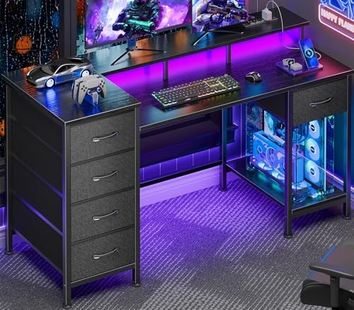 47 Inch Computer Desk with 5 Fabric Storage Drawers,Gaming Desk w...