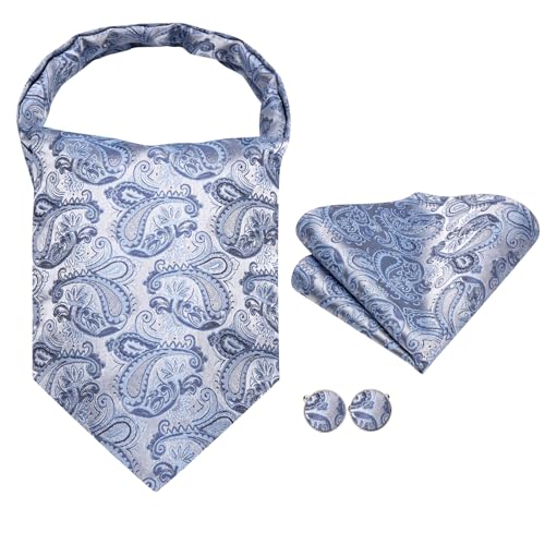 Image of Hi-Tie Silk Ascot for Men Self Tie Men's Cravat and Flower Lapel Pin Handkerchief Cufflinks Set for Wedding Party