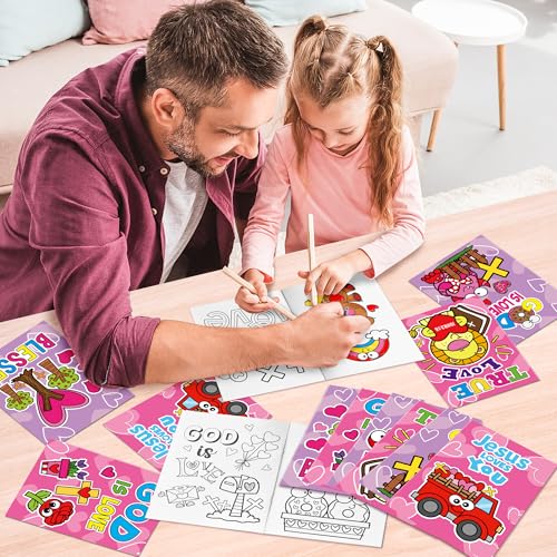 Image of Valentine's Day Coloring Books for Kids - 24Pcs Bulk Christian Theme Mini Coloring Booklet DIY Art Drawing Book for Toddlers Valentine Birthday Party Goodie Bags Stuffers Sunday School Classroom Favor