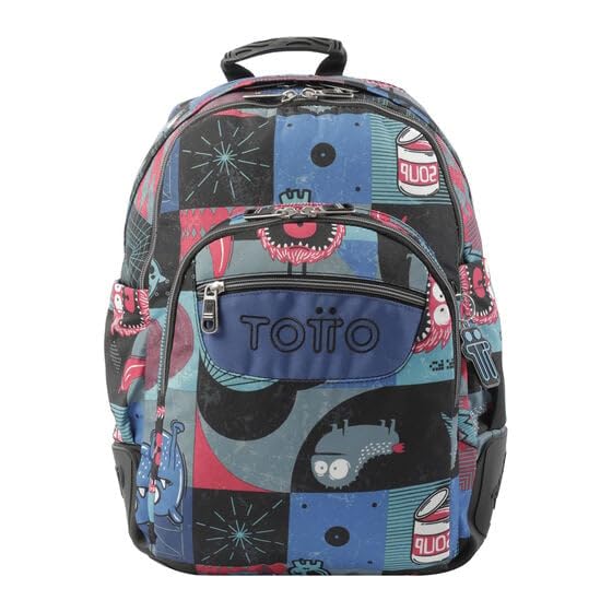 TOTTO - Mochila Escolar Grande, Modelo Rayol, Capacidad 19 L, 3 Compartimentos, 2 Bolsillos Botella, Bolsillo PC 14', Espaldar Ergonómico con Flujo de Aire, Correas en S, Estampado Cyber Monstruos