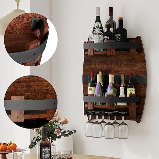 Whiskey Barrel Shelf Wall Mounted, Vintage Wine Rack with Glass Holder, Wooden Handmade Bourbon Shelf, Bar Liquor Bottle Holder, Gift for Wine Lover, Drinks Cabinet Rack for Wine, Whiskey, Beer