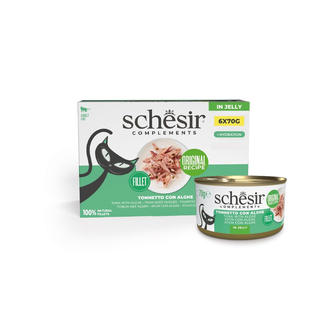 Schesir, Filetes de Atún con Algas en Gelatina, Comida Húmeda Complementaria para Gatos, Receta Original, 100% Natural, 6 latas de 70g