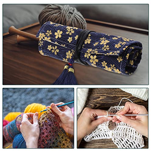 Sewroro Knitting Needles Organizer Needles Roll Bag Foldable Rolling Knitting Needle Bag Crochet Hook Case (Navy) #TOP1