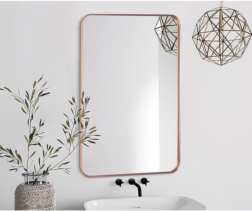 IKON Rectangle Decorative Mirror for Wall (24"x 18") | Rose Gold Brushed Metal Frame with Beveled Edge | Modern Wall Mirror for Bathroom, Living Room Vanity, Makeup Mirror