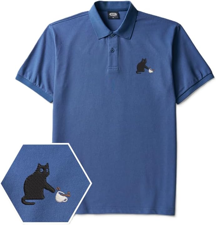 Playful Cat Polo Shirt for Men,Men's Classic Embroidered Two-Button Closure Polo Shirt