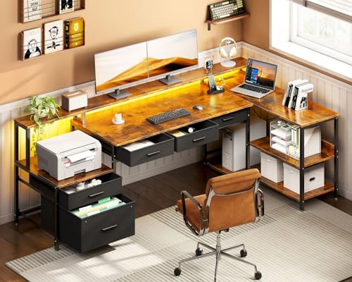 AODK L Shaped Desk with 5 File Drawers, 75" Reversible L Shaped Computer Desk with Power Outlet & LED Strip, Office Desk with Storage Shelves, Gaming Desk with Monitor Shelf, Corner Desk, Vintage