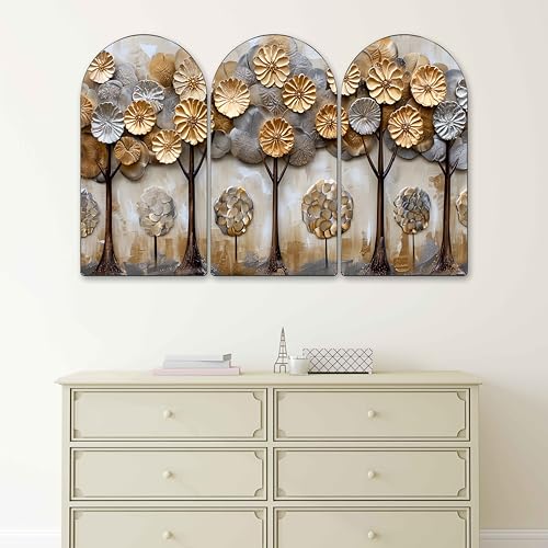 Image of Livin'luxe Golden & Silver 3D Abstract Tree Arch Shape Wall Painting Set of 3 | Sparkle Laminated HD Print on MDF | Modern Metallic Tree Artwork for Living Room Bedroom Home (30 x 50 Inch) RPNL-35359