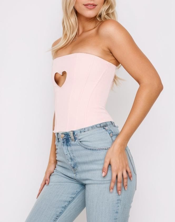 Women Sexy Heart Cut Out Crop Tube Top Summer Y2k Skinny Sleeveless Backless Zipper Back Cropped Strapless Tank - Image 4