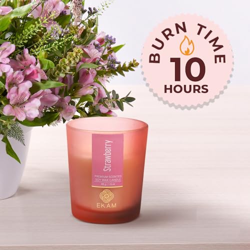 Image of EKAM Strawberry Votive Soy Wax Scented Candle, 40 Grams, 10 Hours Burn Time| Long Lasting Premium Candles | Ideal for Home Decor | Gifting & Aromatherapy