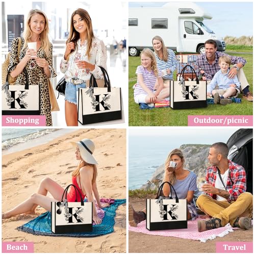 Image of Tecanne Personalized Initial Canvas Tote Bag, Suitable for Birthday, Wedding, Beach, Holiday, Gifts for Women, Mom, Teachers, Nurses, Best Friends, Bridesmaids (K)
