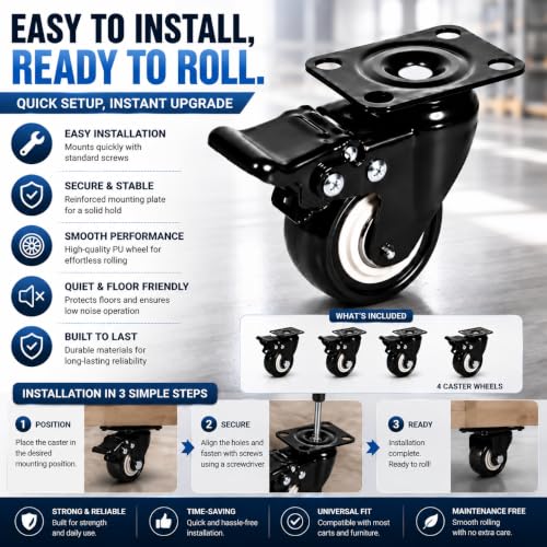 Image of 1.5 inch Heavy Duty Caster Wheels Set of 4 with 2 Brake & 2 Fixed Wheels | Furniture Trolley, Silent PU 360 Swivel Caster wheel for Cabinets, Workbench, Cart, Rack & Industrial Equipment