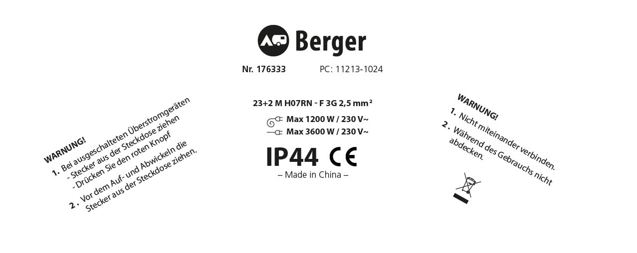BERGER CEE Kabeltrommel 25 m | Outdoor Verlängerungskabel Strom CEE Kabel mit Stecker und Buchse | Robuste Stromstecker Kabelbox Spritzwassergeschützt IP44 | Stromkabel Aufroller