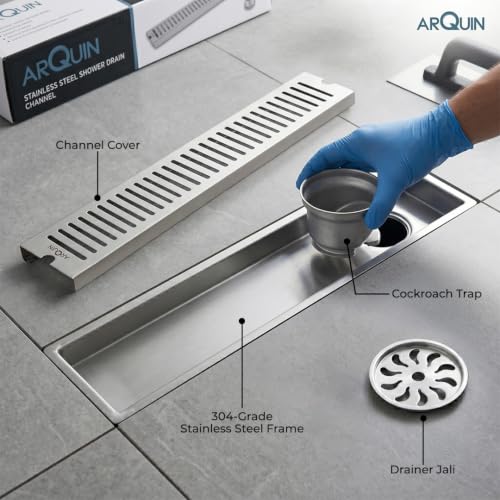 Image of ARQUIN Floor Drainer 24x4 Inch Shower Drain Channel 304 Grade Stainless Steel Bathroom Floor Drainer | Shower Water Drain Jali Channel for Bathroom with Cockroach Trap (1mm Thickness)
