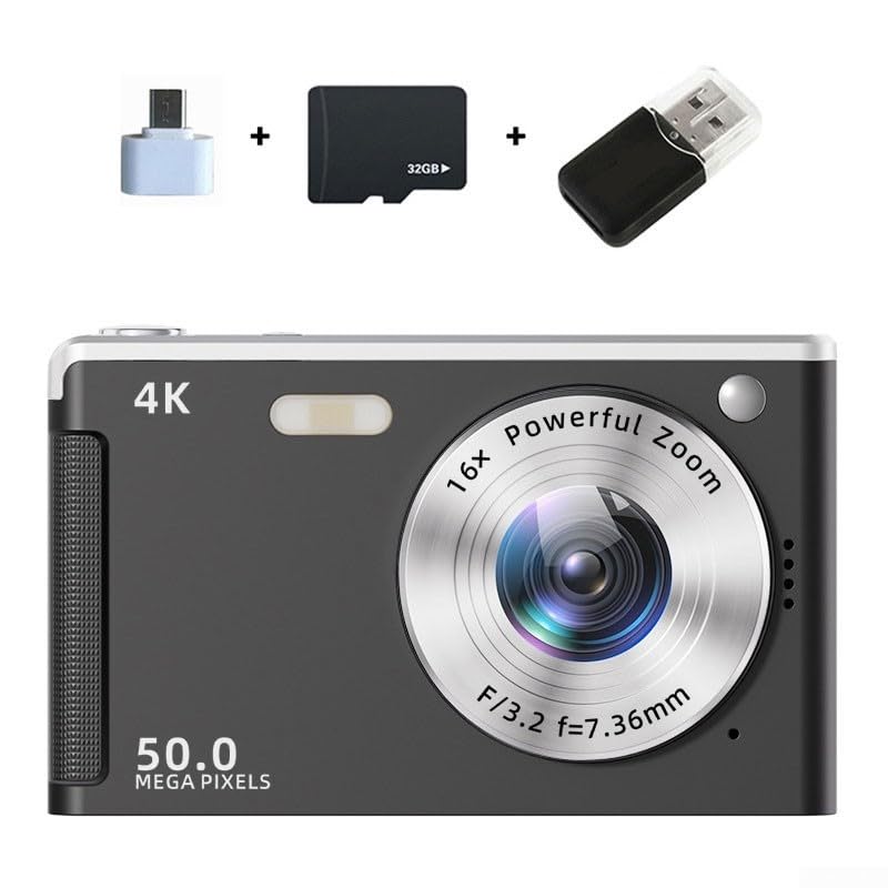 Fotocamera digitale con sensore 4K 50MP, display HD da 2 8 pollici, capacità di zoom 16x, anti scossa e luce di riempimento per una fotografia migliorata in varie condizioni (nero 32G)