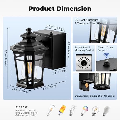 Image of Gleamz Porch Lights with Outlet, Black 2-Pack Dusk to Dawn Outdoor Lighting with GFCI Outlet, 9in H Exterior Light Fixtures Waterproof Anti-Rust, Outside Lights for House,Front Door,Garage,Backyard