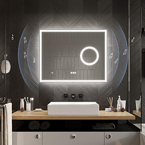 PetusHouse 36 X 28 Inch LED Lighted Smart Bathroom Mirror, Bluetooth Speaker and 5.5 Inch 3X Lighted Magnifier, Wall Mounted White Light Backlit Dimmable Anti-Fog Time Display CRI>90, Horizontally