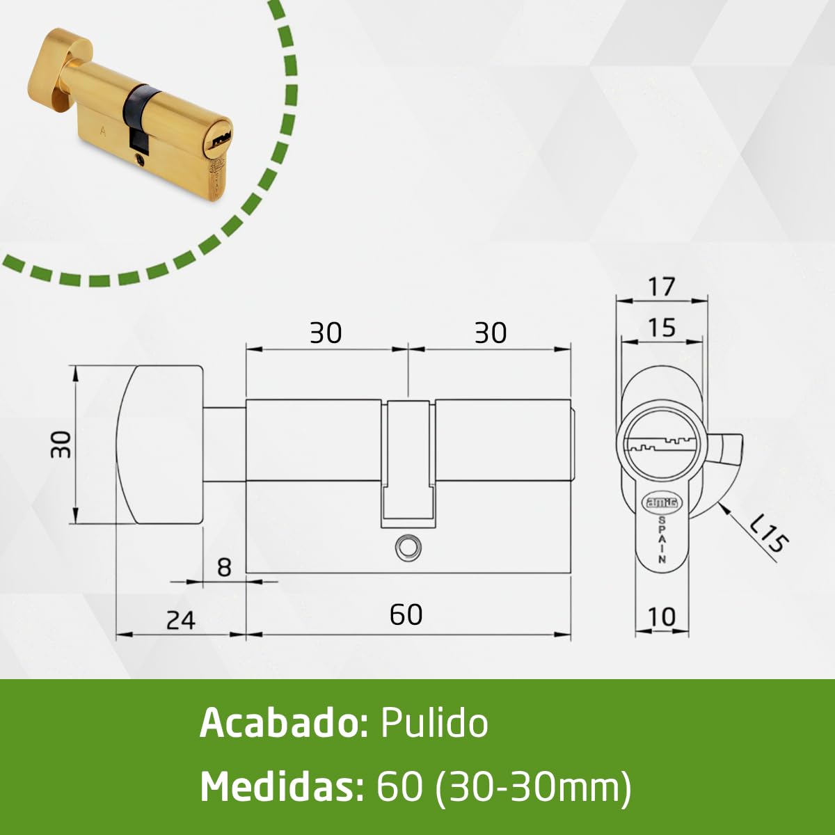 Amig - Cilindro de seguridad con muletilla - Cerradura para puertas - Bombín de Alta Seguridad - Antiganzúa y Antitaladro - Incluye 5 llaves - Pulido - Medidas: 60 (30-30 mm)