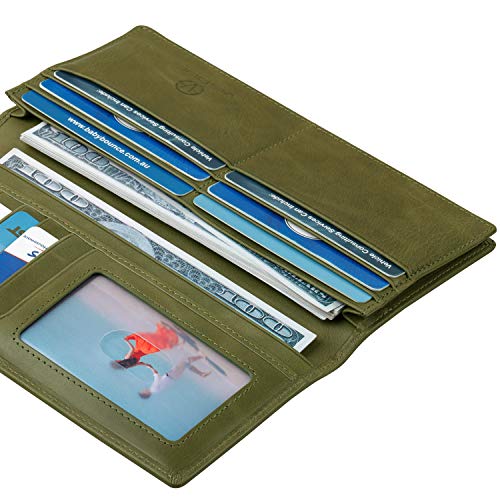 Image of VISOUL Leather Checkbook Cover Wallet for Men with RFID Blocking, Mens Long Bifold Cash Tall Wallet with 11 Credit Card Slots 1 ID Window (Olive Green)
