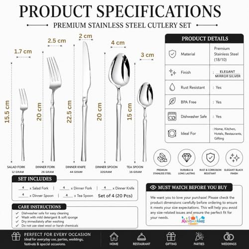 Image of Elegant Handle Silver 20 Pcs Heavy Duty Stainless Steel Cutlery Set for Dining Table (4 pcs Spoon Set+4 pcs Forks Set+4 pcs Butter Knife+4 pcs Dessert Spoon+ 4 Pcs Fuit Fork for Kitchen)