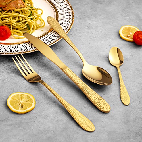 Lot de 16 couverts pour 4 personnes - En acier inoxydable de qualité supérieure - Pour la maison, les fêtes, les restaurants - Motif martelé - Passe au lave-vaisselle - Doré