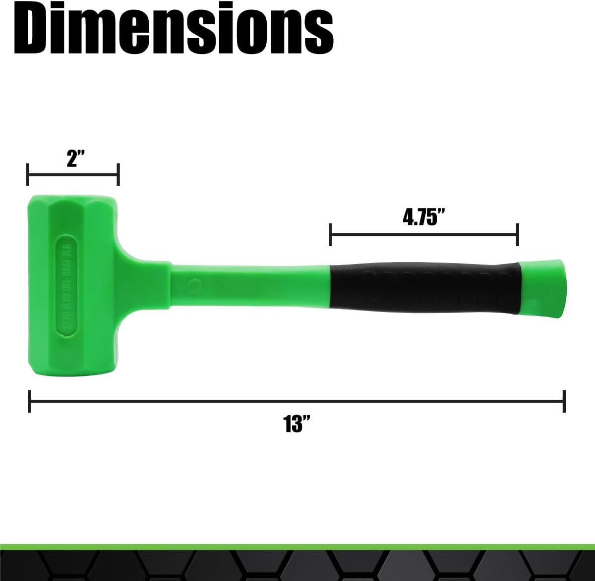 Grip 2 lb Deadblow Hammer - Green/Black - Steel Shot Filled Head - Cushioned Face for Extra Force - High Impact Rubber Handle - Garage, Home, Workshop