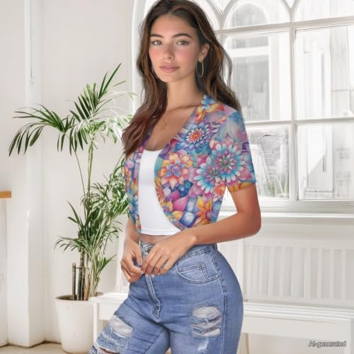 Image of Womens Short Sleeve Cardigans Lightweight Summer Cardigan Trendy Bolero Shrug Cute Floral Cardigan Sheer Bolero