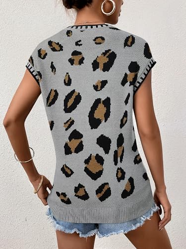 Women Knit Sweater Tops Cap Sleeve Summer Top 2026 Sleeveless Fashion Trendy Tshirts Clothes Fall Vest Leopard Print Light Brown — view 5