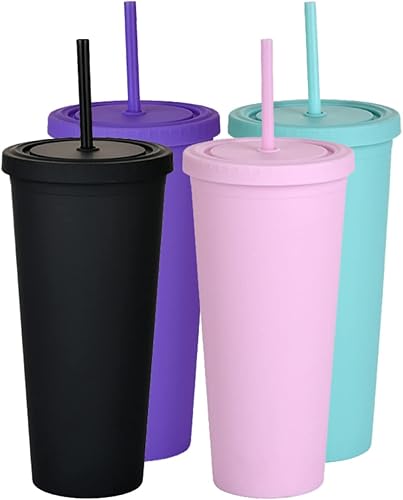 Vasos con tapas y pajitas Vasos de viaje acrílicos de plástico de colores pastel de 22 onzas Vasos reutilizables mate con aislamiento de doble pared