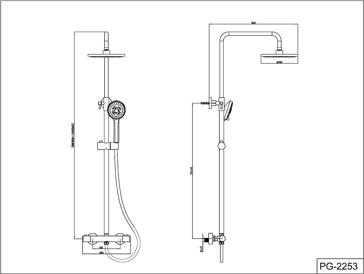 YOOZENA Duscharmatur Komplettset, Duschsystem（Duscharmatur mit Thermostat，Kopfbrause, Duschkopf mit Schlauch und Halterung）Regendusche mit armatur, Chrome