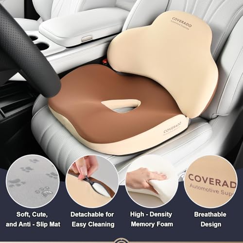 Image of Coverado Seat Cushion and Lumbar Support Pillow for Car Office Chair, Ergonomic Memory Foam Desk Chair Cushion Back Support Pillow, Sciatica & Back & Tailbone Pain Relief Cushion-Beige