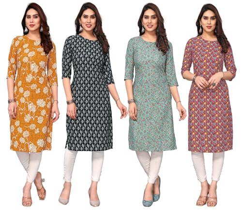 Image of JAKHANA Women's Crepe Printed Casual Straight Calf Length Round Nick Kurta Pack of 4