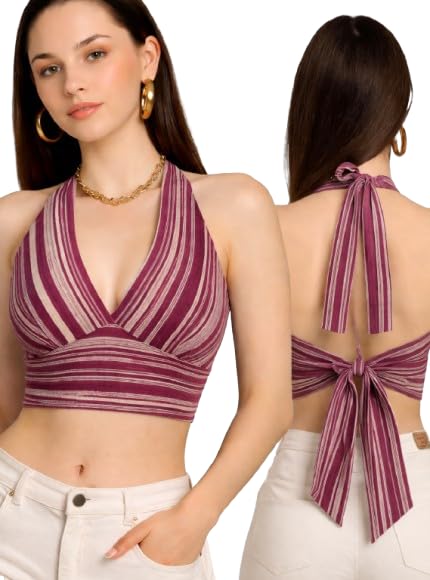 Women’s Striped Halter Neck Crop Top | Backless Tie-Up Summer Top | Sleeveless Deep V Neck Casual Blouse (Maroon & Beige)-picture-43