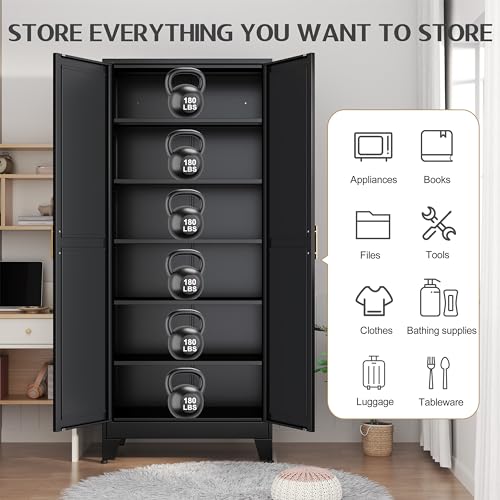 GAIOUS 75.2" Tall Storage Cabinet, Pantry Storage Cabinets with 2 Door and 5 Adjustable Shelves, Black Kitchen Food Cabinet, Metal Utility Cabinets for Kitchen, Dinning Room, Laundry Room - Image 4
