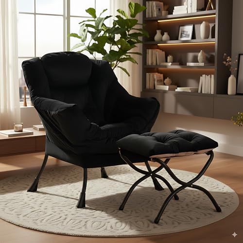 Image of LITA Lazy Chair with Ottoman, Modern Accent Leisure Upholstered Sofa Chair, Contemporary Lounge Reading Chairs with Armrests and a Side Pocket for Living Room, Bedroom & Small Space, Black