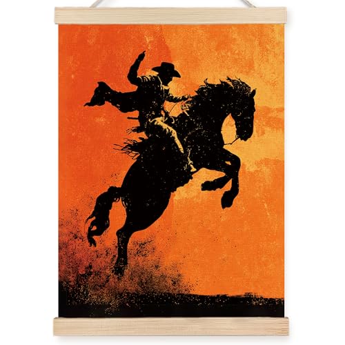 Image of PQKIY Rustic Western Cowboy Wall Art Poster Hanger Frame 12x16 in, Retro Orange Southwestern Desert Sunset Rodeo Horse Cowboy Wall Decor Canvas Prints for Home Room Office Men Cave