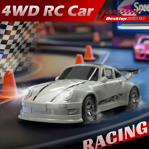Image of 1:64 Scale Mini RC Drift Car, 2.4GHz 4WD Desktop Drift Car (White) | Handheld Drift Car, Full Proportional Model Vehicle with LED Lights, Multiple Drift Modes, Racing Sport Toy for Adults Teens