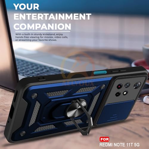 Image of Armor Bumper Back Cover Case for Redmi Note 11T 5G / Poco M4 Pro 5G Rotating Camera Cover, Ring Holder & Kickstand | Heavy Duty & 360 Degree Protection Back Cover (Blue)