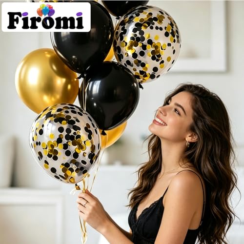 Image of Firomi Metallic Chrome Gold Black Balloons 12 Inch 70 pack (with 2 Ribbons)