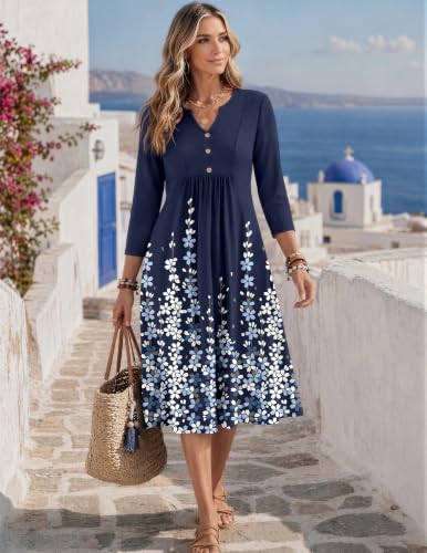 Image of Zeagoo Womens Dresses 3 /4 Sleeve Casual Fall A Line Midi Dress with Pockets