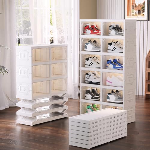 Image of House of Quirk 6-Layer 12-Box Folding Shoe Rack, Space-Saving Shoe Organizer, Foldable Plastic Shoe Cabinet for Home, Bedroom & Bathroom (White)