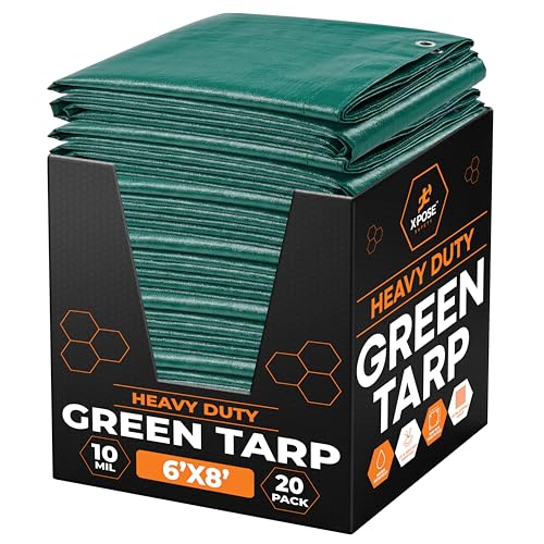 Image of Heavy Duty Poly Tarp - 6' x 8' Bulk (20-Pack) - 10 Mil Thick Waterproof, UV Blocking Protective Cover - Reversible Green and Black - Laminated Coating - Grommets - by Xpose Safety