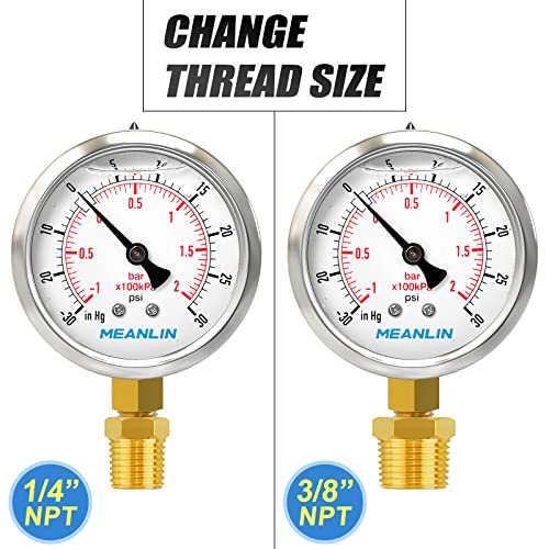Image of MEANLIN MEASURE -30inHG~30Psi Stainless Steel 1 /8 inch NPT 2.5 inch FACE DIAL Vacuum Pressure Gauge, Lower Mount, with 1 /4 inch NPT and 3 /8 inch NPT Hex Bushing