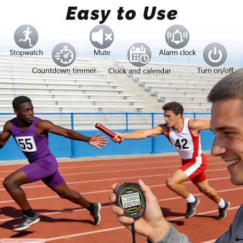 Professional Stopwatch Timer, 3-Row 10 Lap/Split Memory Count up/Down Timer, Extra Large Display with Pace Mode Clock Alarm Calendar Includes Battery, Lanyard for P.E Coach and Sport Events - Image 5