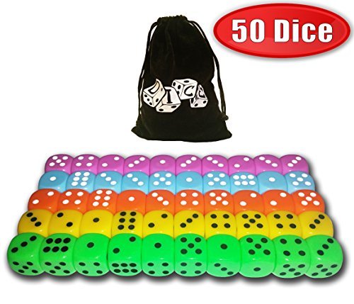 Vivorr Premium Dice Set of 50 Pieces, 5 Colors, 10 of Each Color, 16mm, D6, c/w Velvet Carry Bag/Pouch, Perfect for: Tenzi, Farkle, Yahtzee, Bunco, Board Games, Casino or Teaching Math. Ideal Gift.