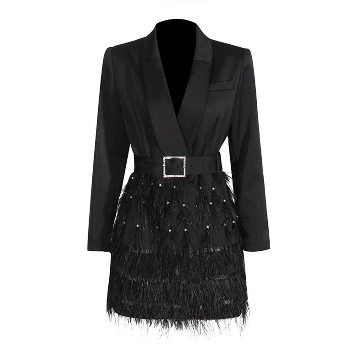Fashion Womens Feather Embellished Blazer Dress Lace Up Waist Nail Bead Feather Tassels Design Dress Suit Top