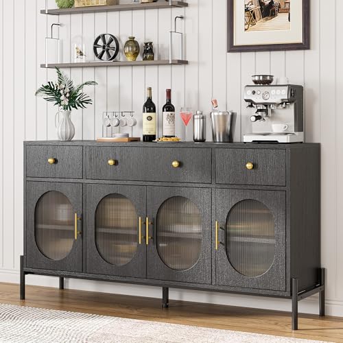 GarveeHome 62" Large Sideboard Buffet Cabinet with Storage and 3 Drawers, Buffet Table Coffee Bar Storage Cabinet with 4 Glass Doors for Dining Room, Living Room, Kitchen, Black